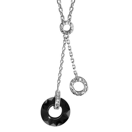 Collier Argent 925 Pendentif Double Anneaux Céramique Noire + Zirconium