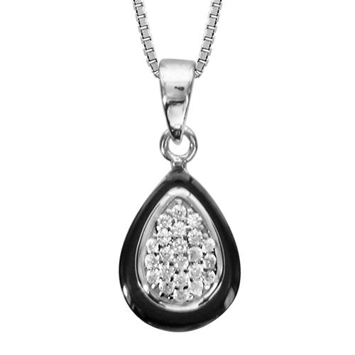 Collier Argent 925 Pendentif Poire Céramique Noire Zirconium Sertis