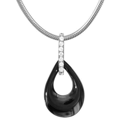 Collier Argent 925 Pendentif Poire Céramique Noire Barrette Zirconium Sertis