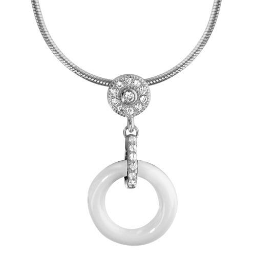 Collier Argent 925 Pendentif Rond Céramique Blanche Pastille Zirconium