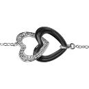 Bracelet Argent 925 Double Coeur Céramique Noire + Zirconium Sertis