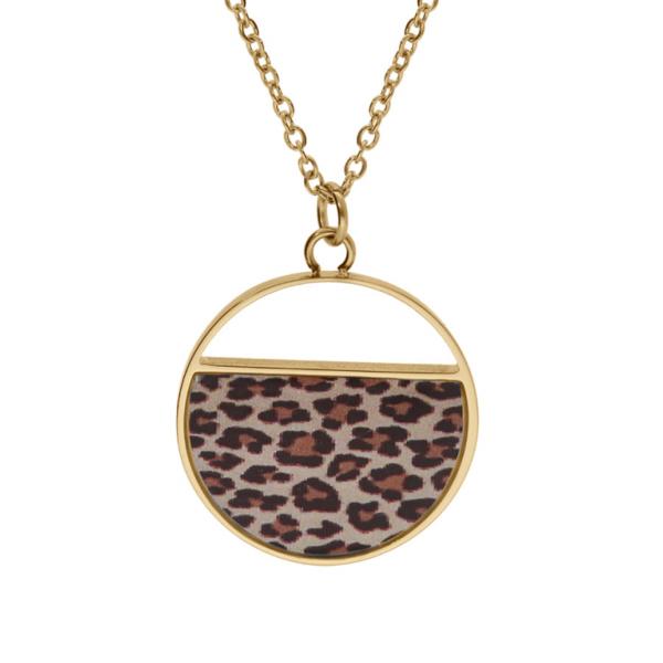 Collier Acier 316 L Doré Pendentif Rond Résine Léopard