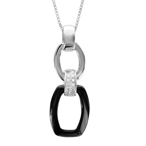 Collier Argent 925 Pendentif Double Elements Céramique Noire + Zirconium Sertis