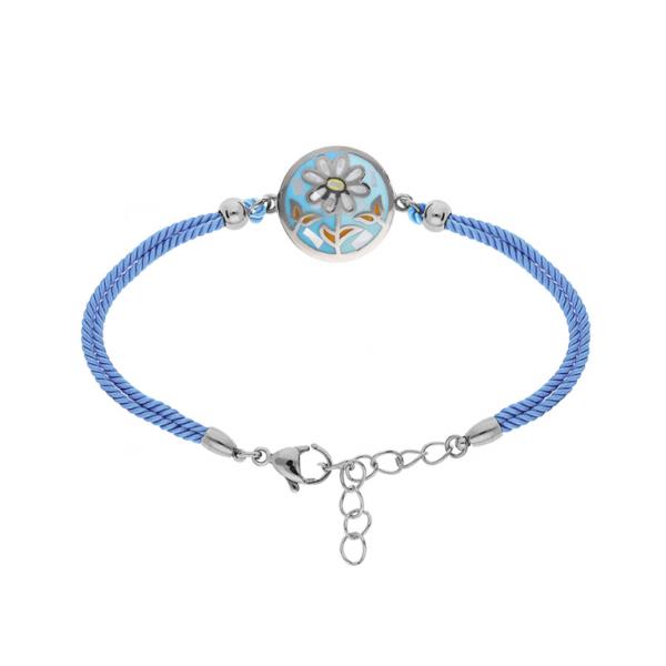 Bracelet Acier 316 L Doré Rond Fleurs Résine et Nacre Cordon Bleu Ciel