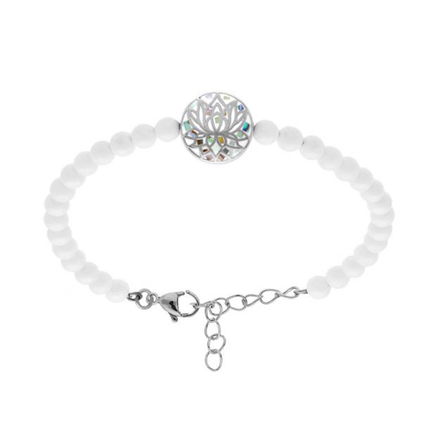 Bracelet Acier 316L Fleur de Lotus Résine et Nacre Boules Blanches