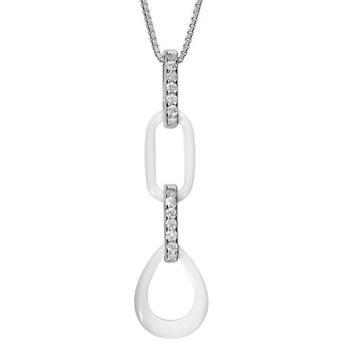 Collier Argent 925 Pendentif 2 Elements Céramique Blanche Barrettes Zirconium Sertis